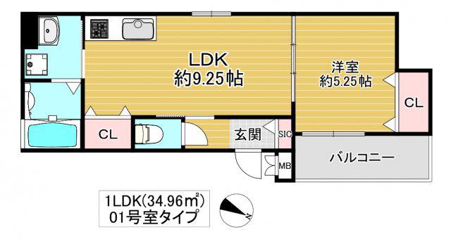 GM HILLS IMAZUKITA B棟(1LDK/1階)の間取り写真