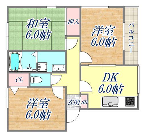 ピア甲風園(3DK/2階)の間取り写真