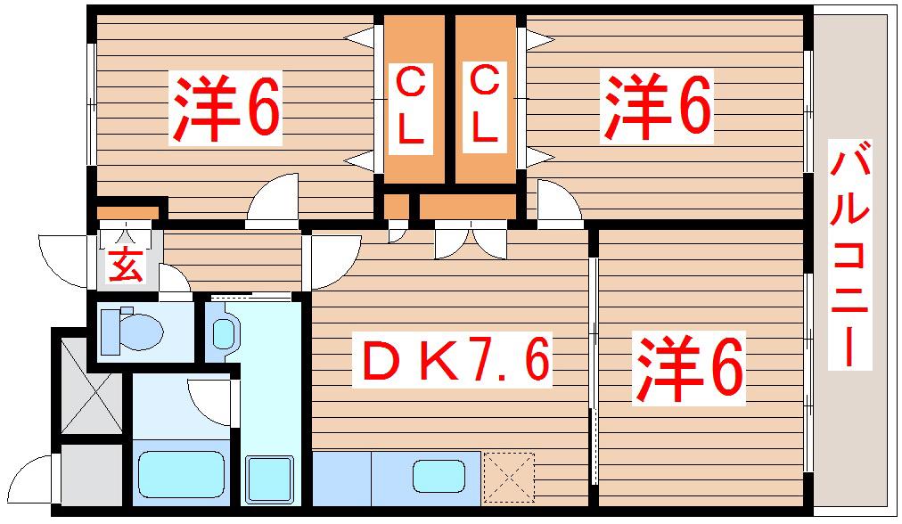 クレージュ新田東(3DK/5階)の間取り写真