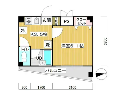 イーストYM(1K/3階)の間取り写真