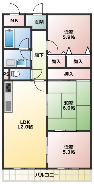 リーヴァ三日市(3LDK/1階)の間取り写真