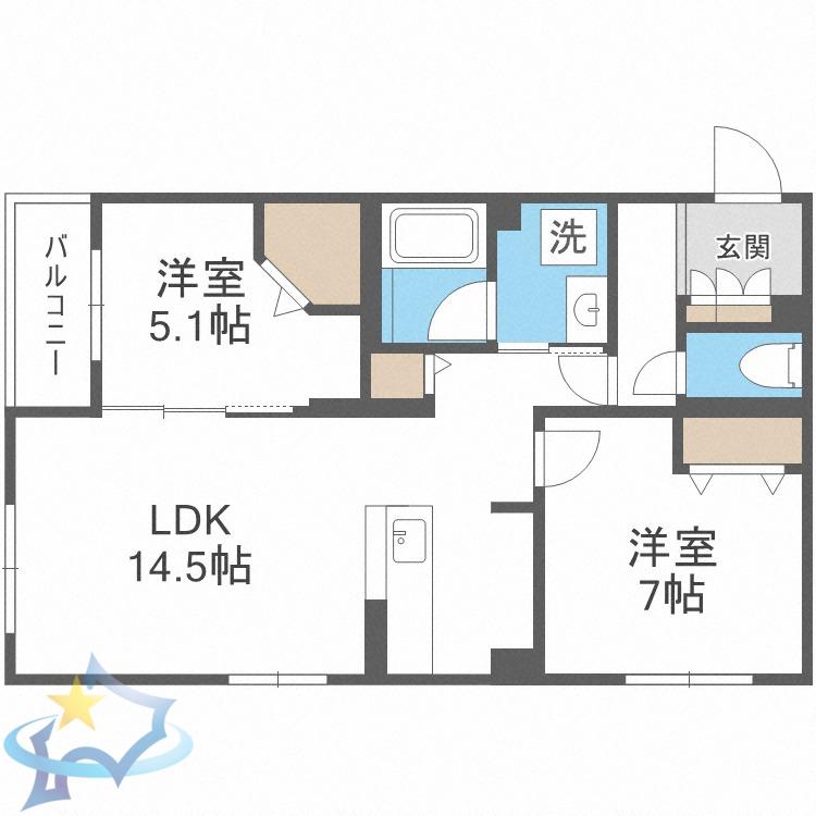8 3W2 HACHI SAN ウエスト NY(2LDK/1階)の間取り写真