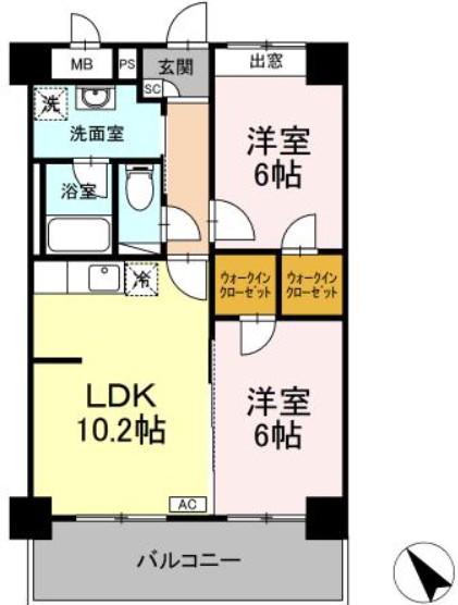 ハートヒルズ上大岡(2LDK/2階)の間取り写真