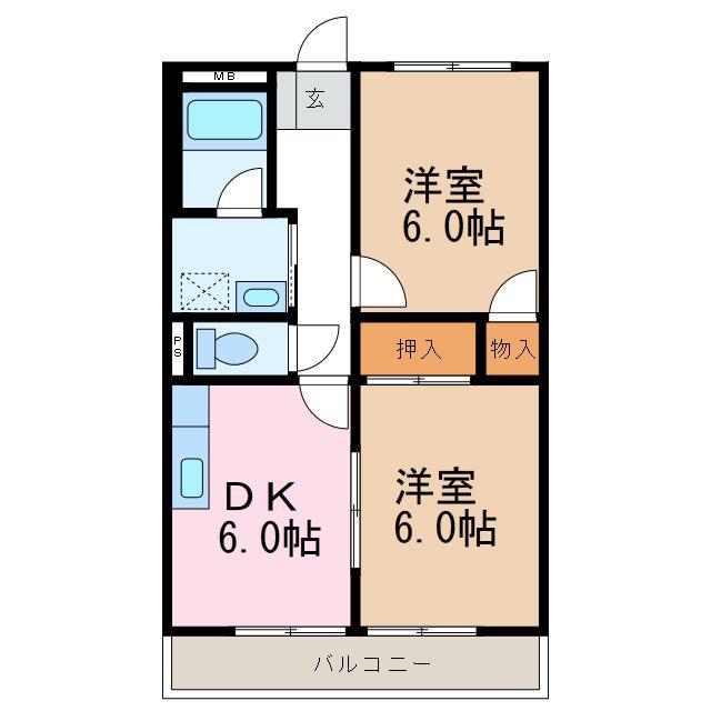 プリムローズ朝倉(2DK/1階)の間取り写真