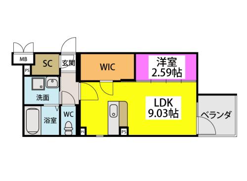 レジデンシャルジェム井尻駅(1LDK/1階)の間取り写真