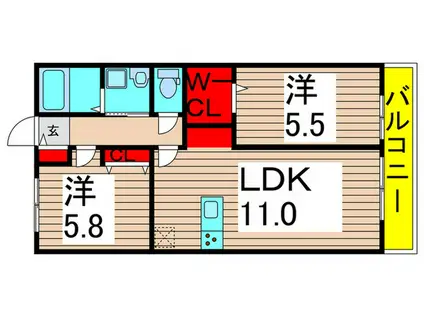 オーク本木(2LDK/2階)の間取り写真