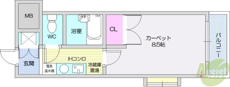シャンブル向山(1K/4階)の間取り写真