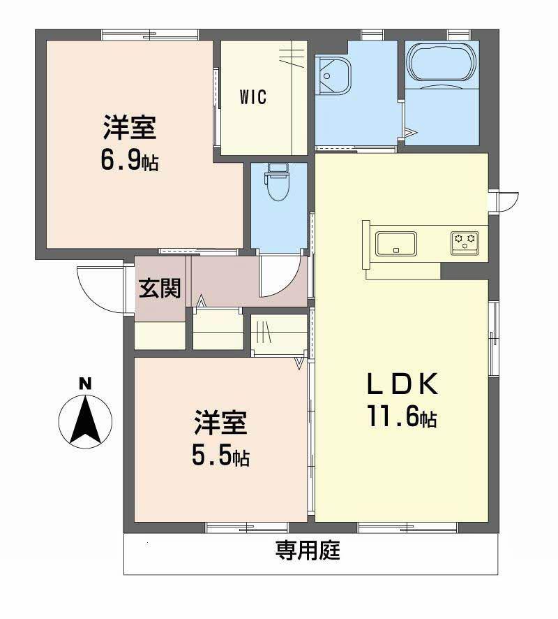 クレセオ森 B棟(2LDK/1階)の間取り写真