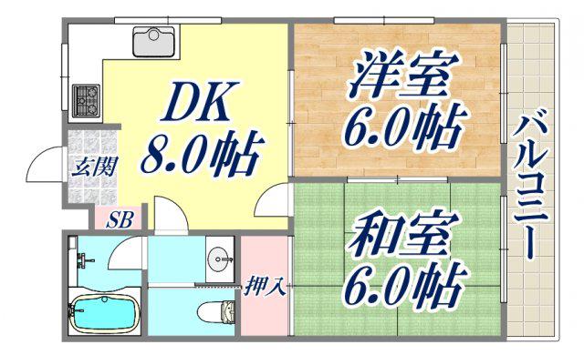 サウスコート(2DK/2階)の間取り写真
