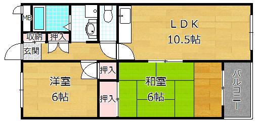 宮之阪ハイツ弐番館(2LDK/9階)の間取り写真