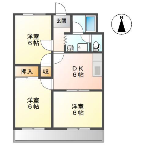 ブルーリボンB棟(3DK/2階)の間取り写真