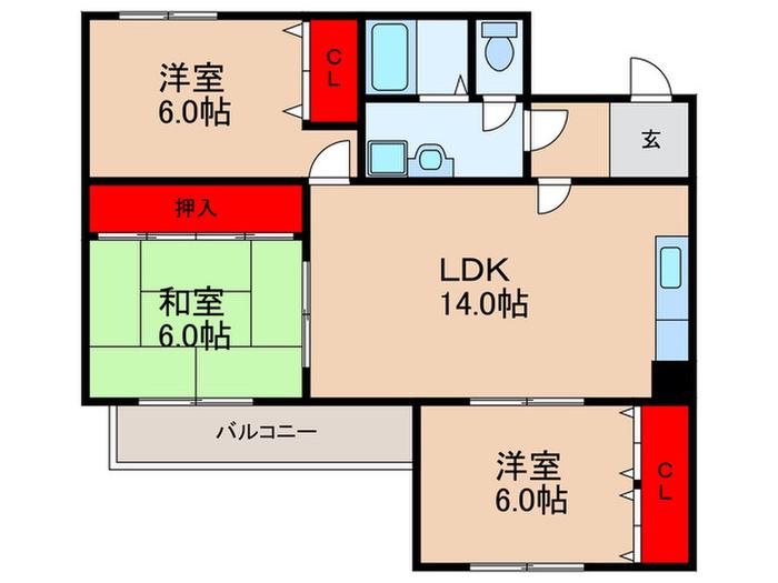 箕面リビエールハイツ1ST(3LDK/2階)の間取り写真