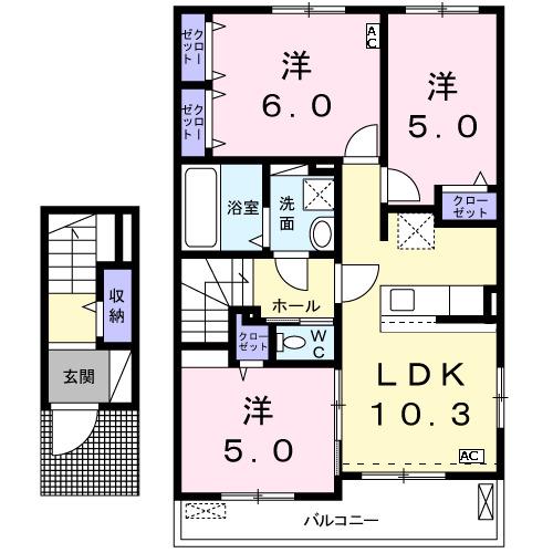 プリートンB(3LDK/2階)の間取り写真