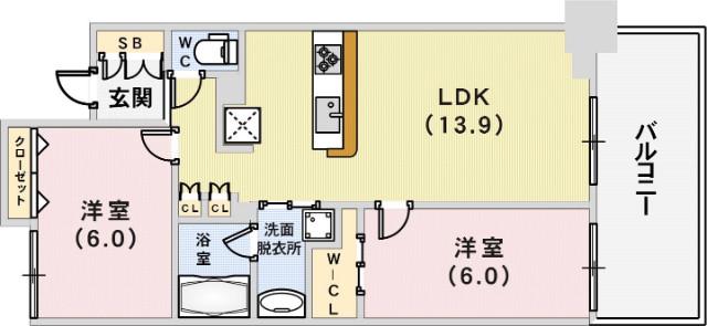 ワコーレ神戸元町マークス(2LDK/7階)の間取り写真