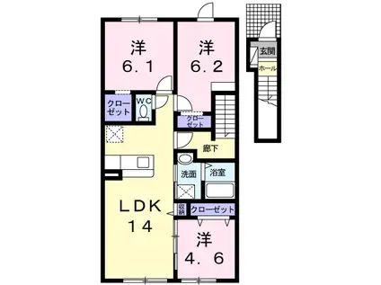 滝川市黄金町西1丁目3LDKアパート(3LDK/2階)の間取り写真