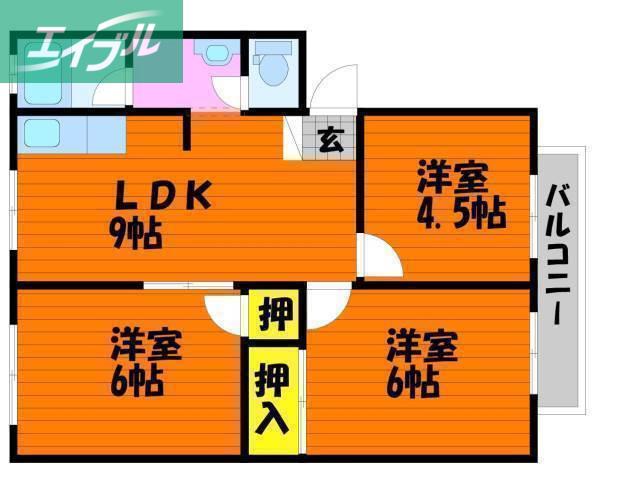 エスポアール庭瀬B(3LDK/2階)の間取り写真