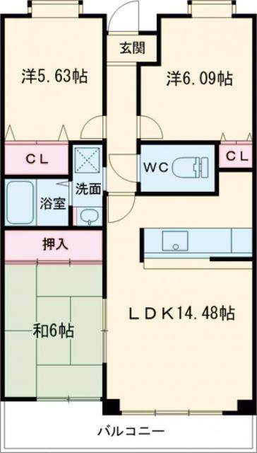 グランパス富田林(3LDK/1階)の間取り写真