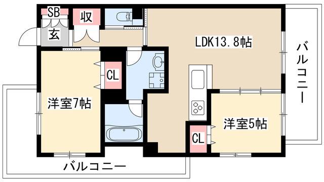 テラッツァ白壁(2LDK/1階)の間取り写真