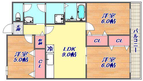 オーリッツコート甲南山手(3LDK/2階)の間取り写真