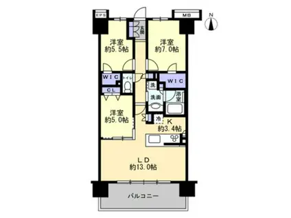 レーベン岡山表町CROSS COURT(3LDK/15階)の間取り写真
