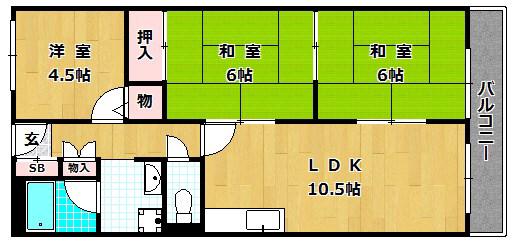 宮之阪ハイツ弐番館(3LDK/3階)の間取り写真
