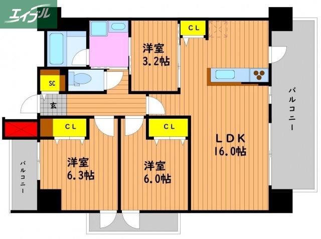 LX GLANTZ 東古松(2LDK/7階)の間取り写真