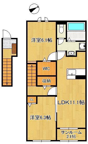 レザンヒル 上の原(2LDK/2階)の間取り写真