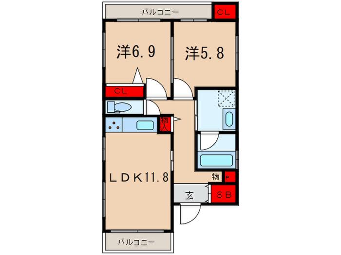 クリエイト向陽(2LDK/2階)の間取り写真
