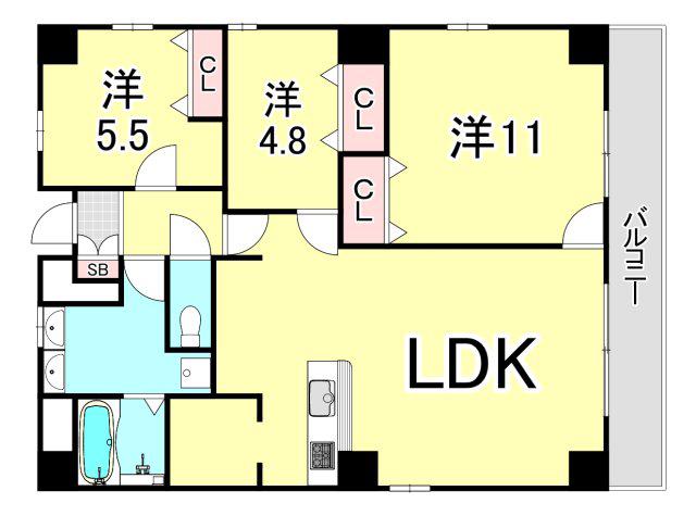 うはら甲子園口ビル(3LDK/3階)の間取り写真