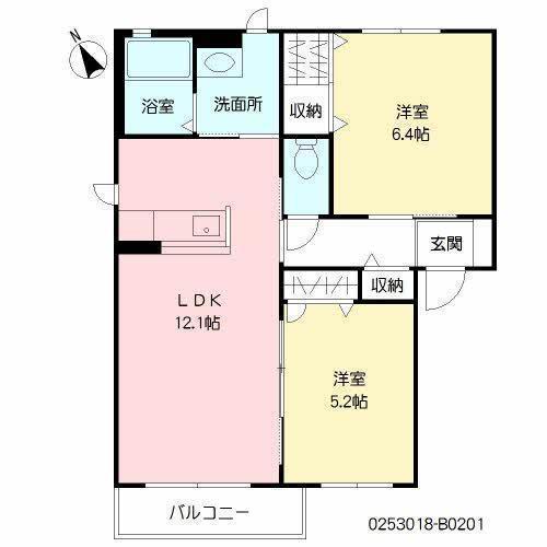 フローラ B棟(2LDK/1階)の間取り写真