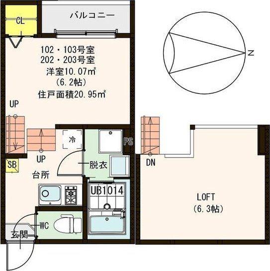 ハーモニーテラス六丁の目VIII(1K/2階)の間取り写真