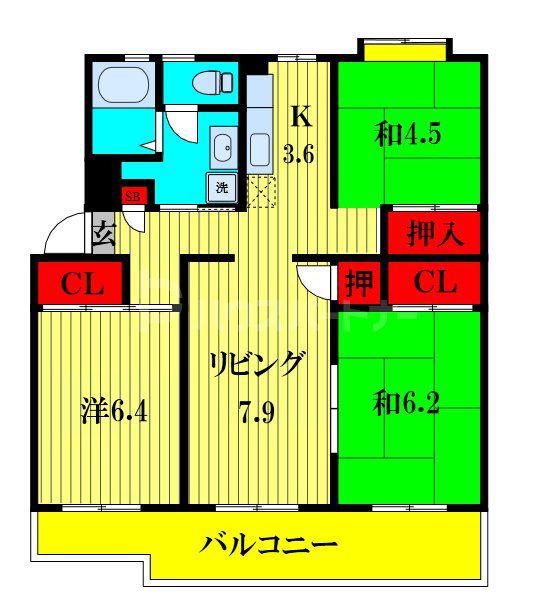花見川ライオンズプラザ 4棟(3LDK/5階)の間取り写真