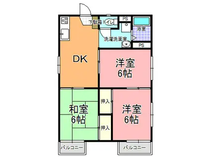 ベルゾーネ市毛 A・B棟(3DK/2階)の間取り写真