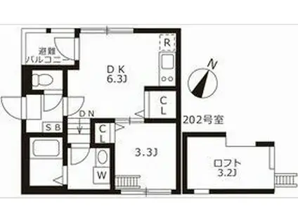 スカイキャッスルII(1DK/2階)の間取り写真