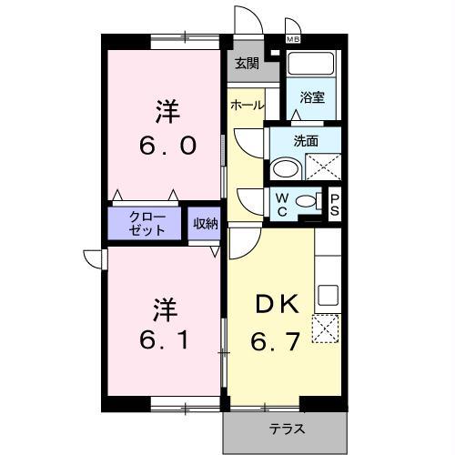 ハウスパピュラァ(2DK/1階)の間取り写真