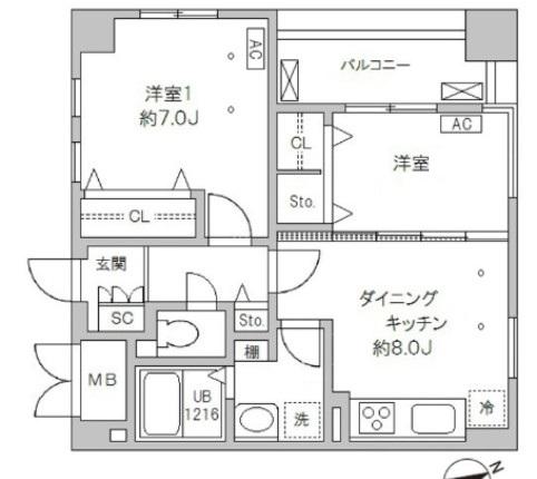 SUN SPRING TOWER(2DK/2階)の間取り写真