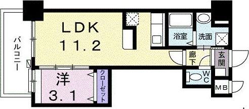 ルピナス天神(1LDK/2階)の間取り写真