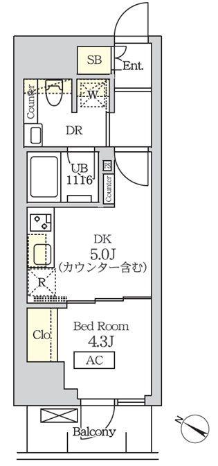 コスモグラシア新宿西早稲田(1DK/2階)の間取り写真
