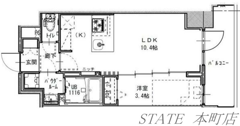 S-RESIDENCE堺筋本町DEUX(1LDK/9階)の間取り写真