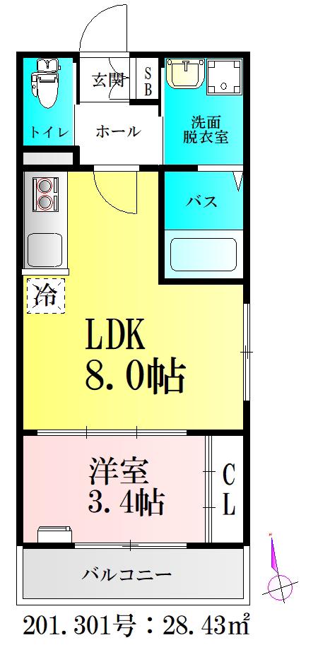BAU北仙台(1LDK/2階)の間取り写真