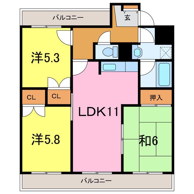 エスペランス池浦B棟(3LDK/4階)の間取り写真