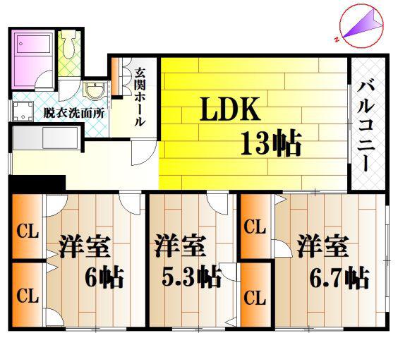 ソシアB館(3LDK/1階)の間取り写真