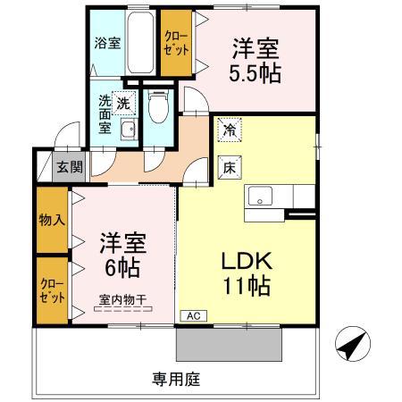 ベル・ドゥ・ジュールC棟(2LDK/1階)の間取り写真