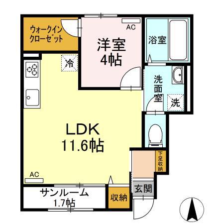 ガーデンヒルズ東手城 A棟(1LDK/1階)の間取り写真