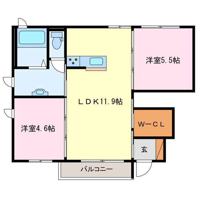 クレセオ下箕田(2LDK/1階)の間取り写真