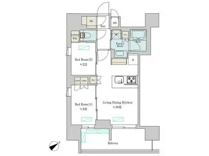 ブリリアイスト大井町(2LDK/12階)の間取り写真