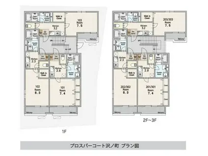 プロスパーコート沢ノ町(1K/3階)の間取り写真