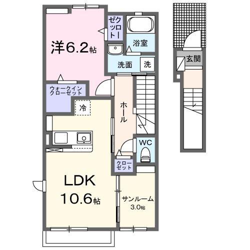 東武日光線 新鹿沼駅 徒歩11分 2階建 築3年(1LDK/2階)の間取り写真