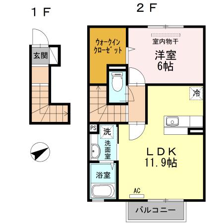 ディアス下伊敷(1LDK/2階)の間取り写真