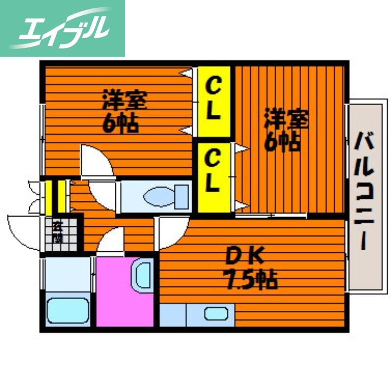 パティオD棟(2DK/2階)の間取り写真